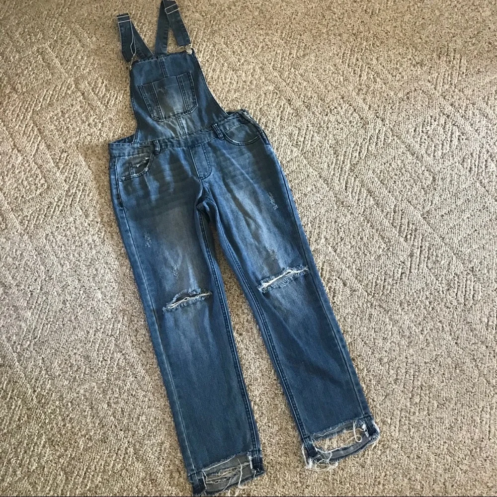 Distressed Denim Overalls SZ Small - Picture 2 of 11